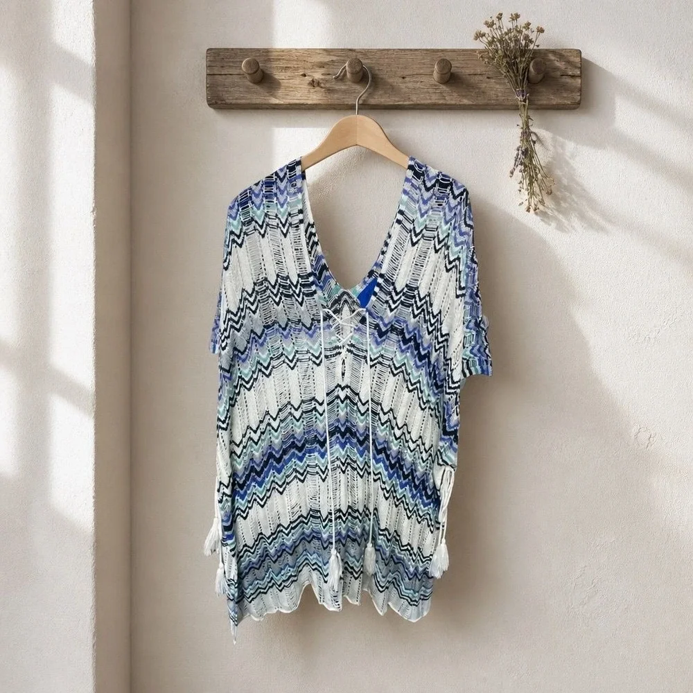 Blue Chevron Crochet Knit Lace Up Swim Cover Up Tunic Tassel Beach Dress PTP:39